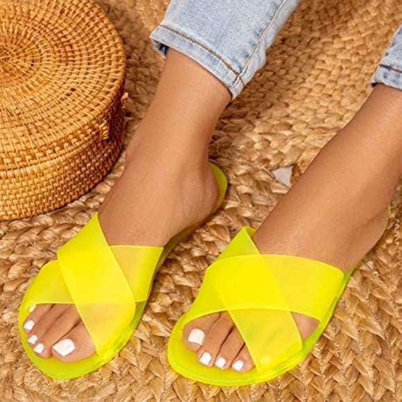 QUPID NEON YELLOW JELLY SANDAL SLIDES 6 - Picture 1 of 6
